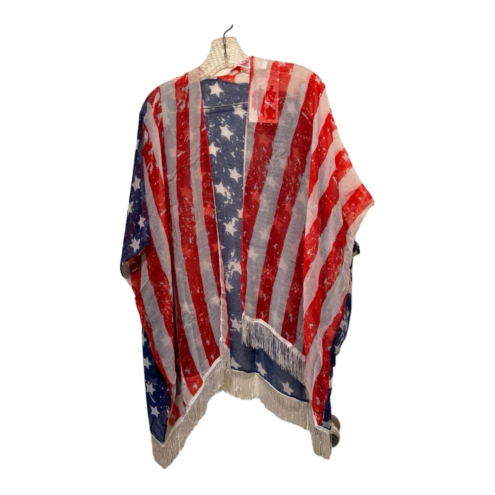 Kimono American Flag Scarf with 3" White Hemline Fringe W Red White and Blue